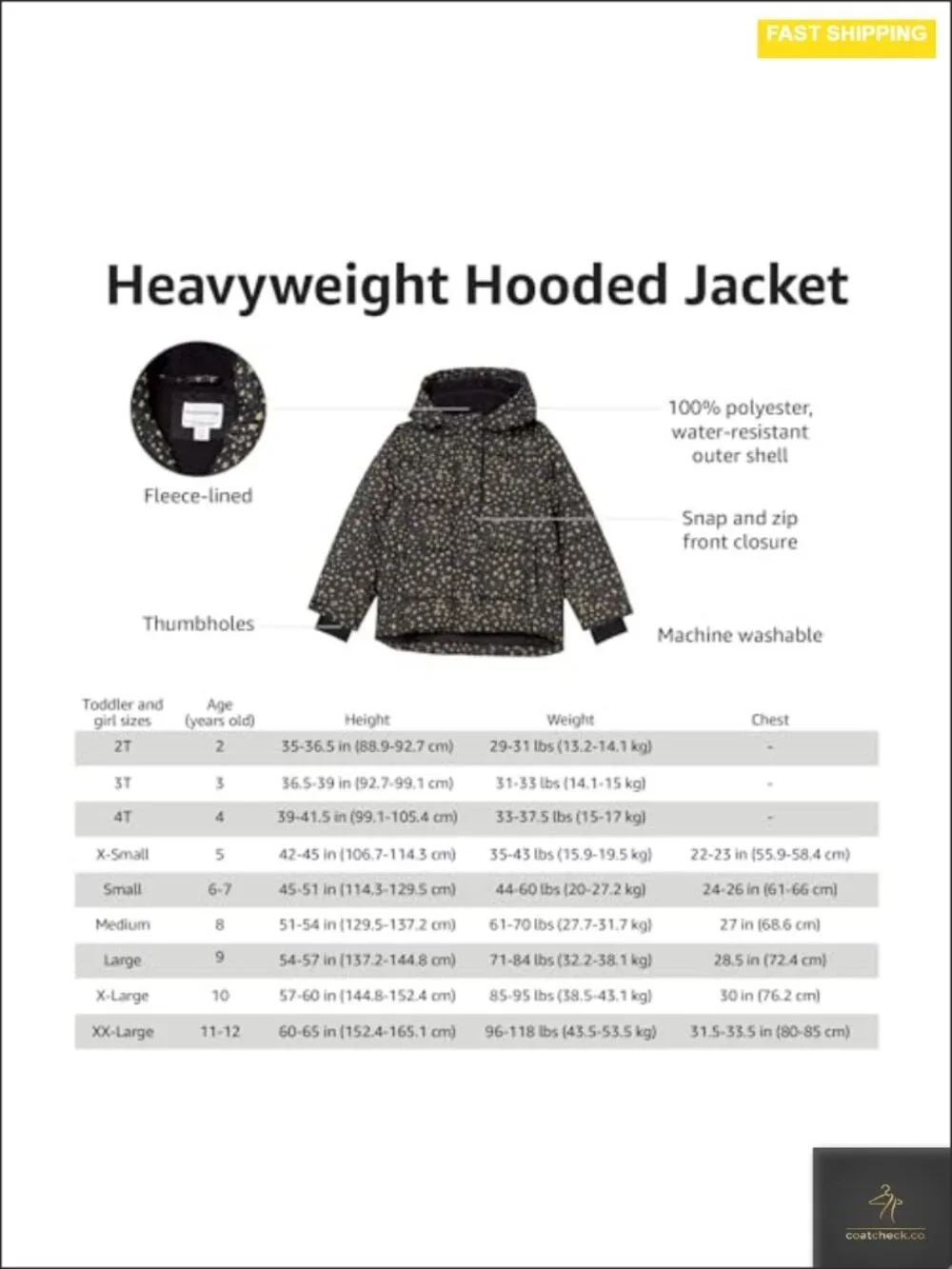 Girls Heavyweight Hooded Puffer Coat Water-Resistant Quilted Jacket